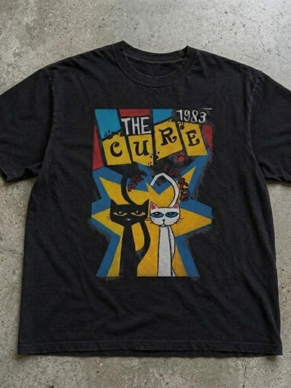 Gildan Black 'The Cure 1983' Graphic Tee with Yellow & Blue Accents